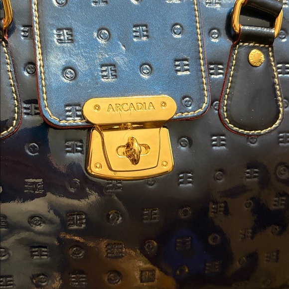 ARCADIA Patent Leather Satchel- BLUEw/ Red Trim - Picture 2 of 13